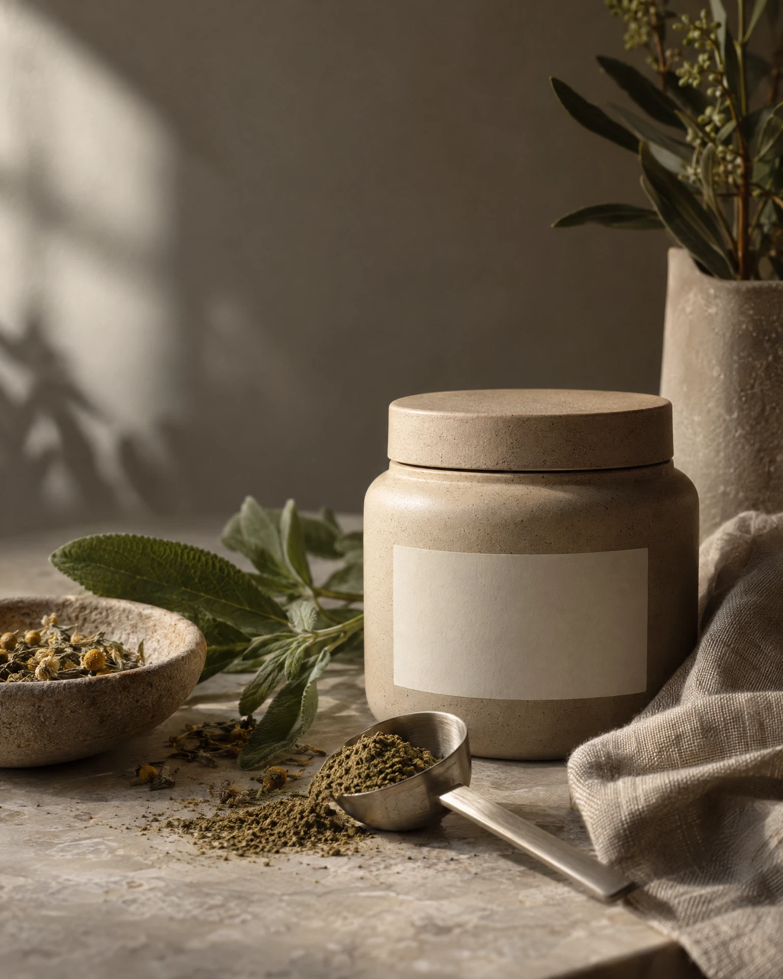 Unbranded pet wellness jar with botanicals on a linen surface in soft natural light