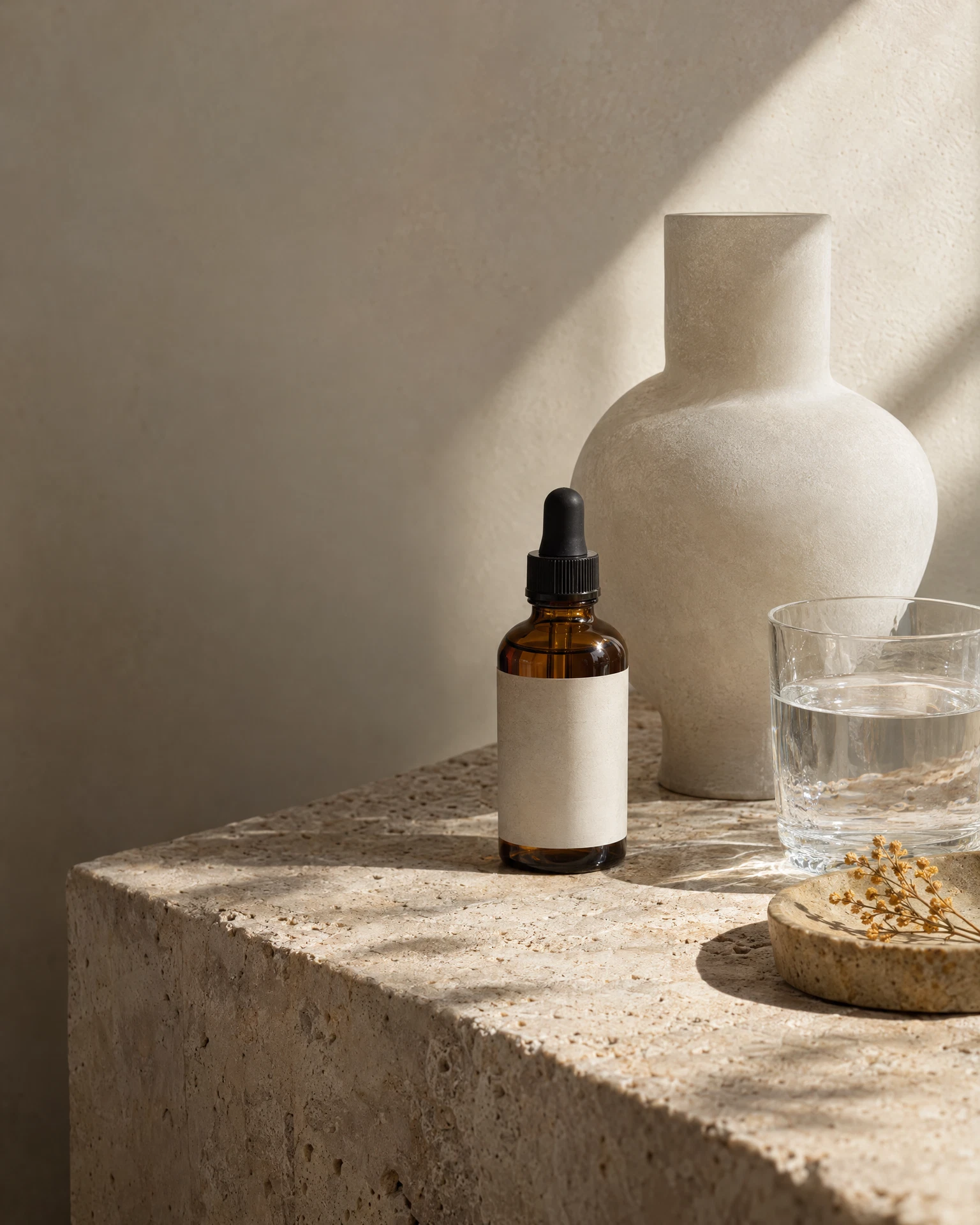 Amber glass health bottle and pale vessel on travertine in filtered daylight