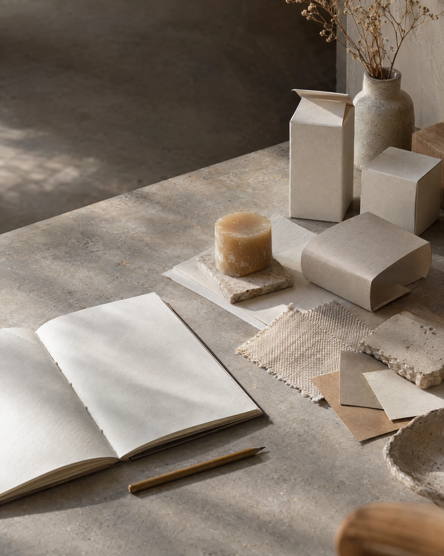 Paper packaging prototypes and raw material swatches on a softly lit studio workbench